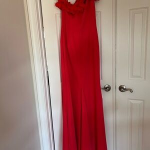 Rene Ruiz Orange Asymmetrical Ruffled Halter Gown